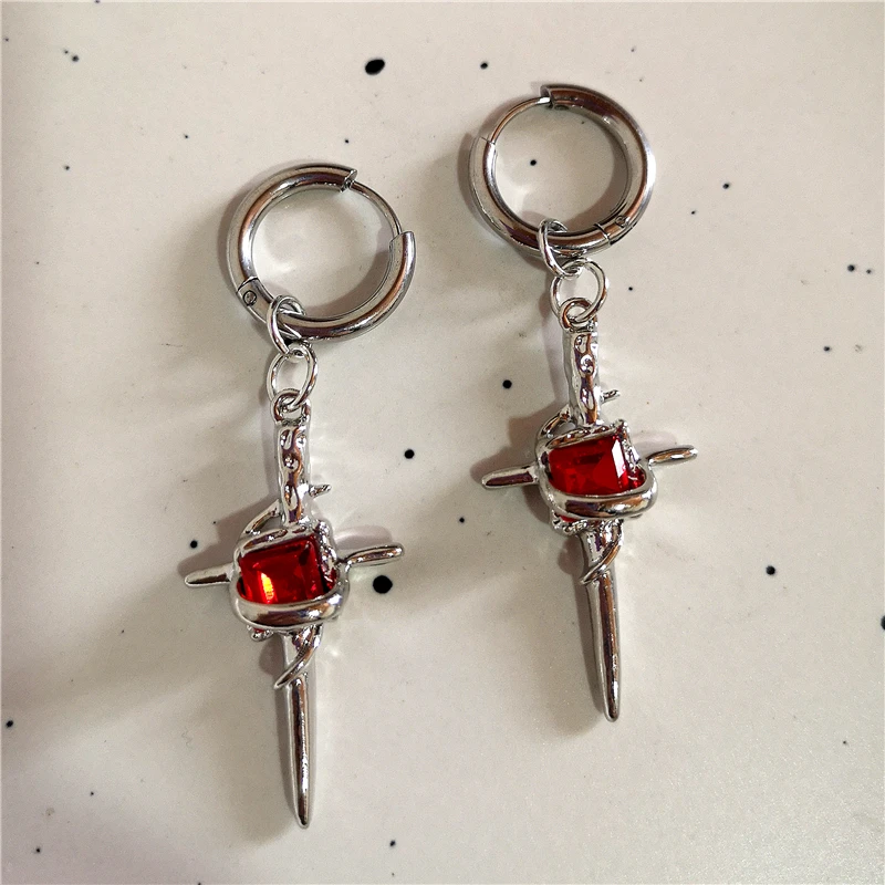 Goth Irregular Red Crystal Cross Hoops Earrings For Women Men Punk Hip Hop Y2K Stainless Steel Jewelry Grunge Charms Accessories