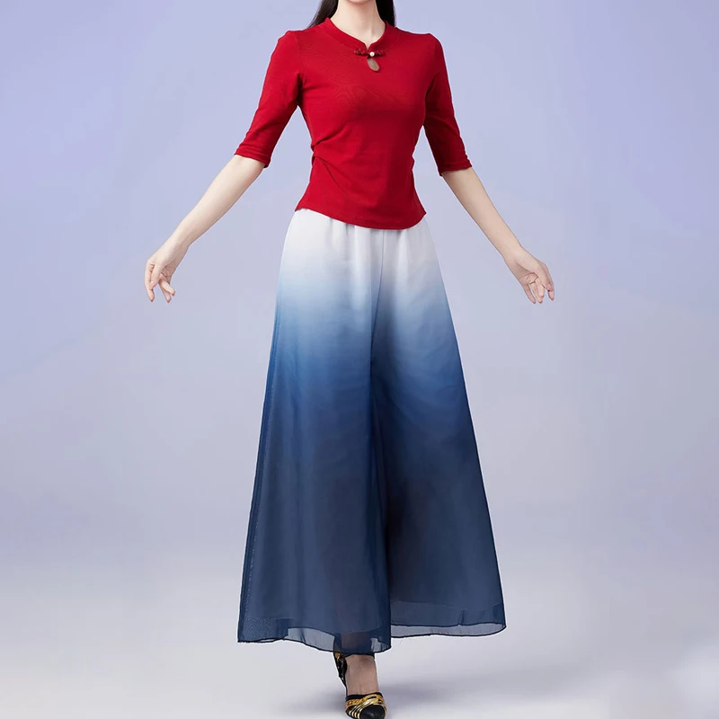 Top in chiffon sfumato stile cinese Pantaloni Set Pantaloni da ballo quadrati a gamba larga Sala da ballo Jazz Pratica Danza Costume da spettacolo teatrale