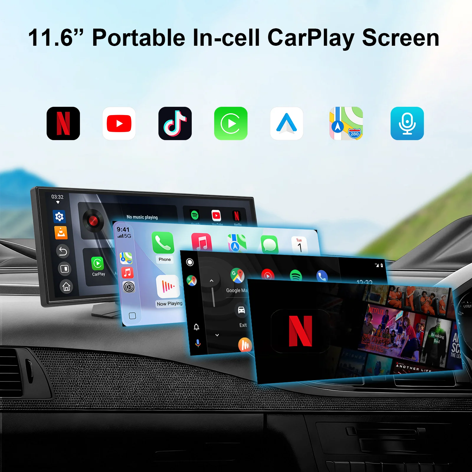 Ezonetronics 11.6'' In-cell Touchscreen Portable Screen with Wireless CarPlay Android Auto Pre-load Online Video and Audio Apps