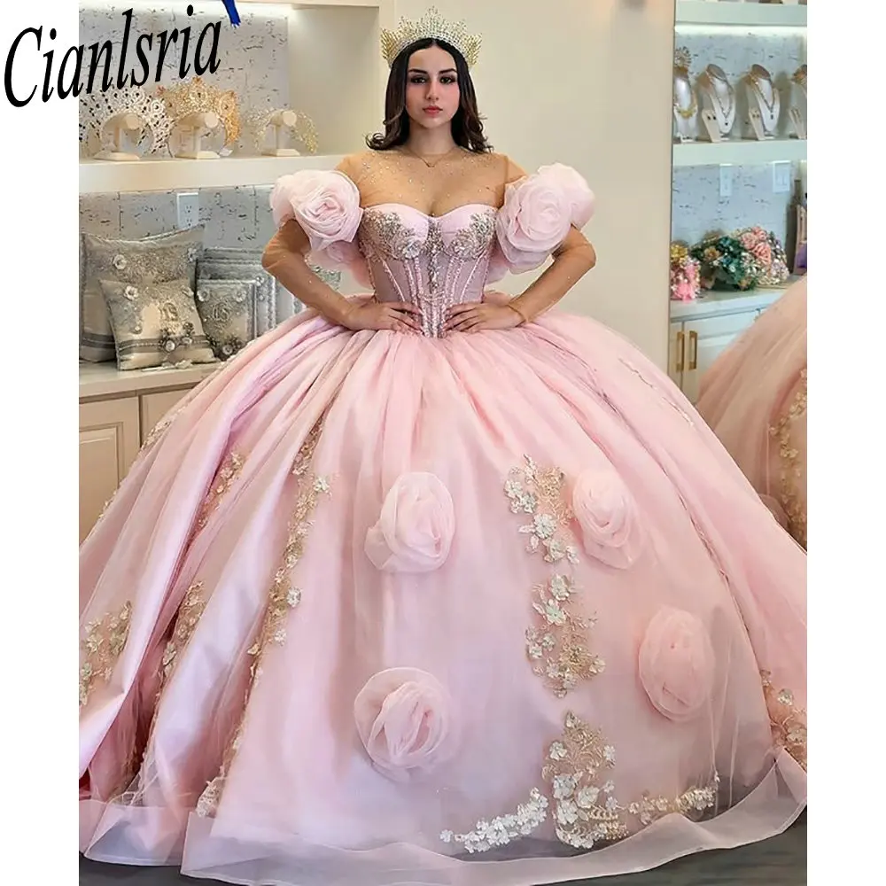 

Розовые платья Quinceanera с длинными рукавами и 3D цветами, бальное платье с иллюзией и аппликацией, кружево Sweet 15 Años, мексиканское индивидуальное платье
