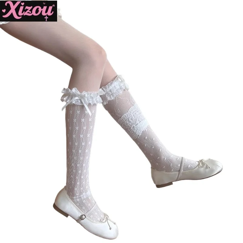 Japanese Sweet and Gentle Wind Stacking Mixed Matched Women's Socks Lace Pearl Bow Lolita Lace Medium Tube Stacking Socks Women