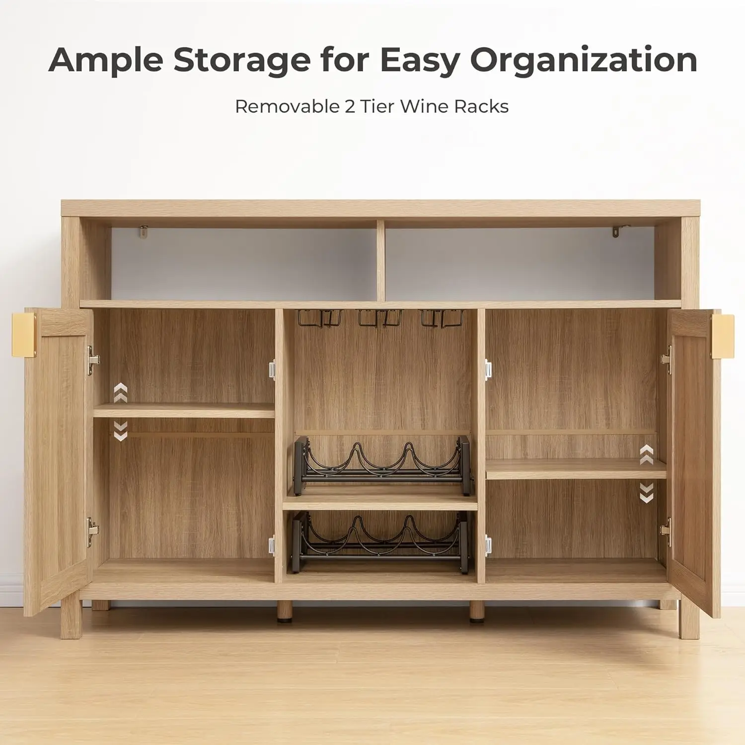 ตู้บาร์กาแฟหวายพร้อมชั้นวางไวน์ ตู้ไซด์บอร์ดบุฟเฟ่ต์ขนาด 51 นิ้ว สำหรับห้องครัวและห้องนั่งเล่น