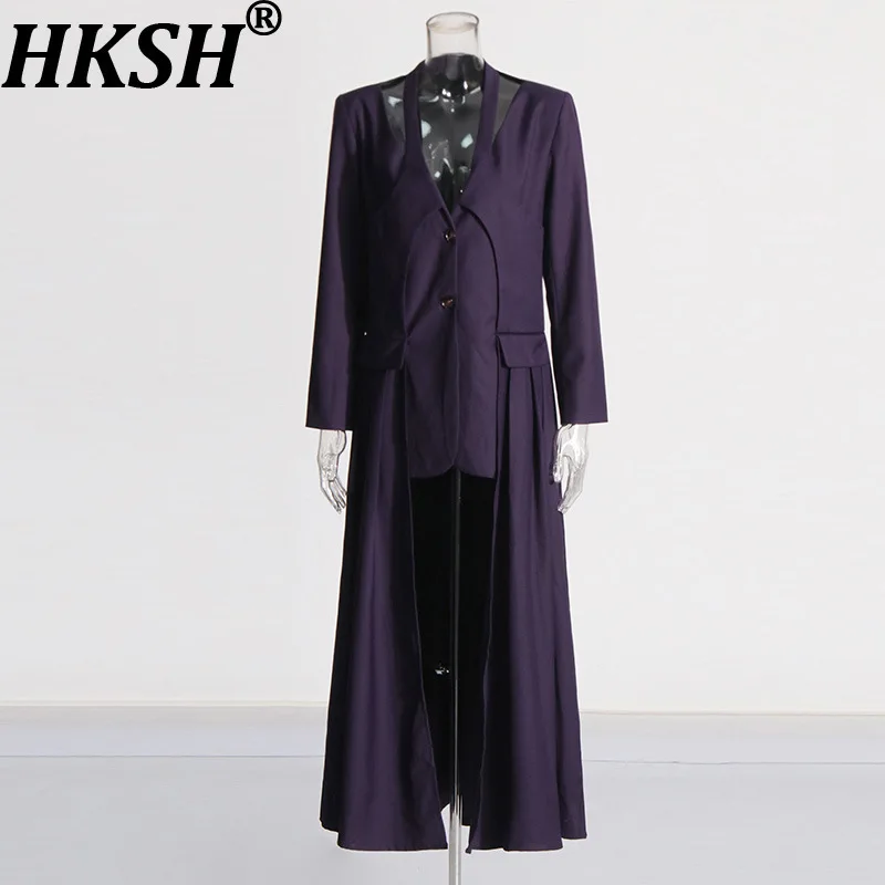 

HKSH Autumn New Women Niche Design Streetwear Casual Blazer V-neck Pleated Irregular Splicing Hem Temperament Suit Jacket HK8950