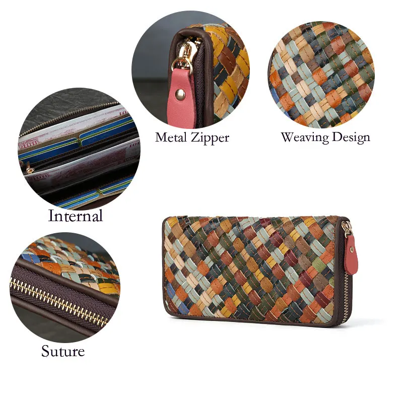 السيدات جلد طبيعي المنسوجة مختلط اللون محفظة طويلة خياطة عشوائية سعة كبيرة متعددة فتحة سستة المحفظة