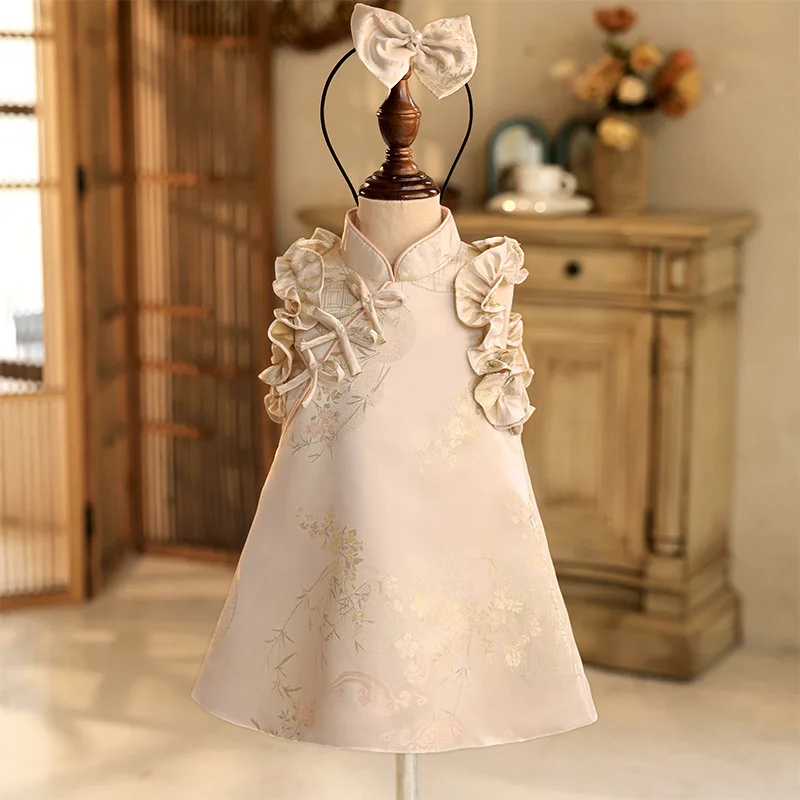 Traditional Chinese Style Girl's First Birthday Dress2025New Style Baby Girl Chinese Style Birthday Cheongsam Flower Girl Weddin