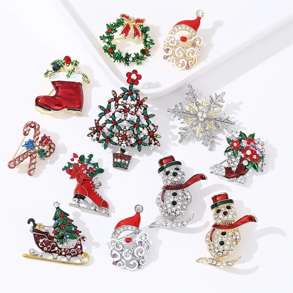 Christmas Brooch Series Rhinestone Santa Snowman Tree Wreath Sleigh Snowflake Lapel Pin Badge X mas Suit Scarf Jewelry Gift