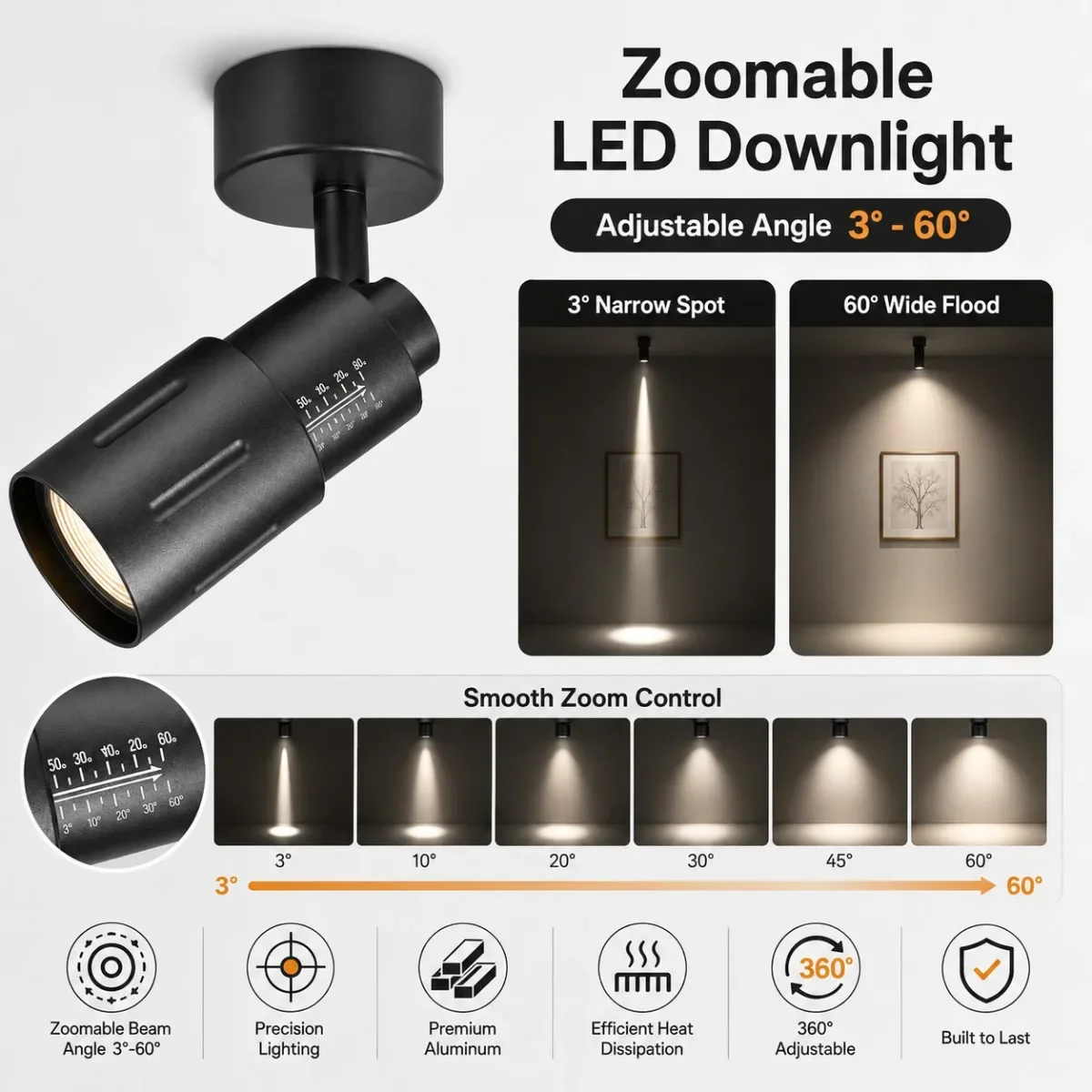 JOYINLED Black Nickel COB LED Ceiling Spotlight Surface Mounted Zoomable Dimmable Downlight Adjustable Beam Angle 3CCT 9W
