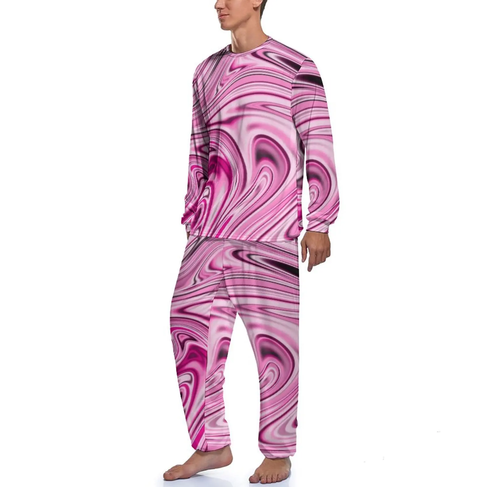 Liquid Marble Pajamas Autumn Abstract Art Print Room Nightwear Mens 2 Pieces Graphic Long Sleeve Romantic Pajama Sets