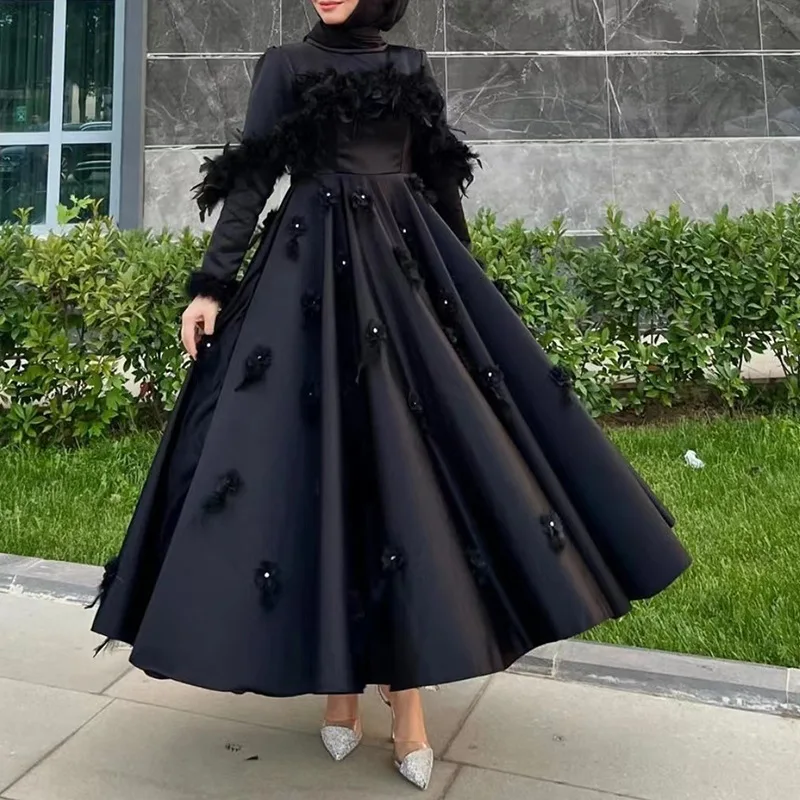 

French new heavy industry high-end round neck splicing three-dimensional flower thin dress fashionable simple temperament elegan