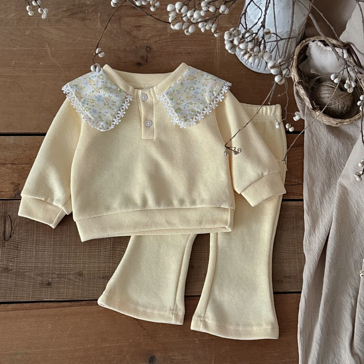 Infant Sweet Floral Lace Collar Set Waffle Ribbed Half Button Sweatshirt Flare Pants Toddler Girls 2Pcs Outfit