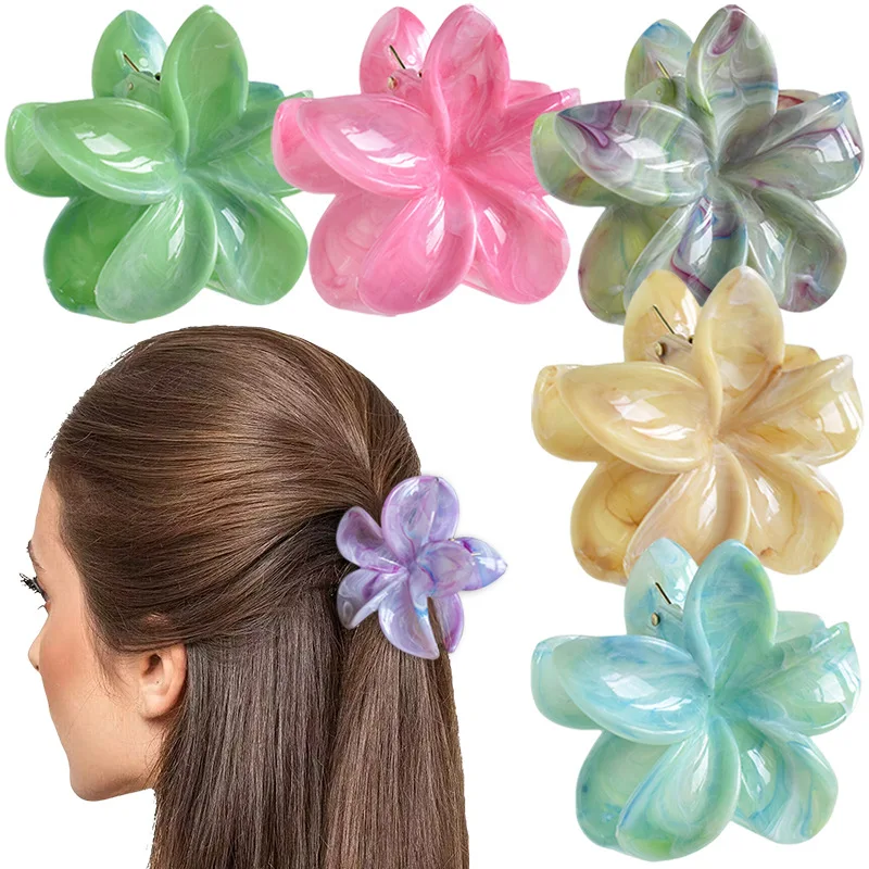 Bunte Frangipani-Clip Moire-Blumen-Haarspange Vintage Hawaiianische Marmor-Haarspange