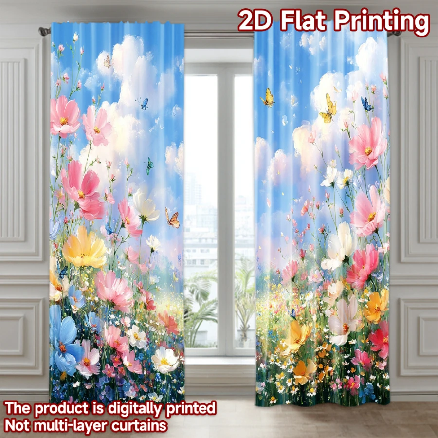 2PCS Digital Print  Curtain, Flower Field Clear Sky, Rustic Farmhouse Window Treatment Drape for Bedroom Kitchen Decor