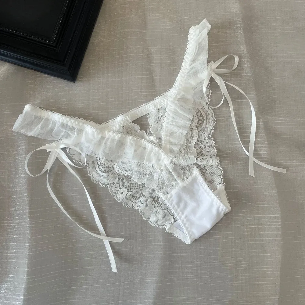 Mesh Ruffle Floral Bowknot Panties Bow Ribbon Hollow Out Lace Flower Transparent Briefs Low Waist Cotton Crotch Underpants Girl