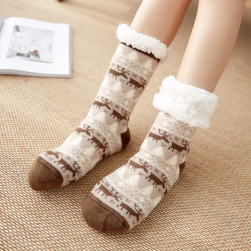 Winter Warm Socks Women Plush Soft Female Non Grip Floor Slippers Short Sock Fuzzy Fluffy Deer Elk Cat Pattern Christmas Gift