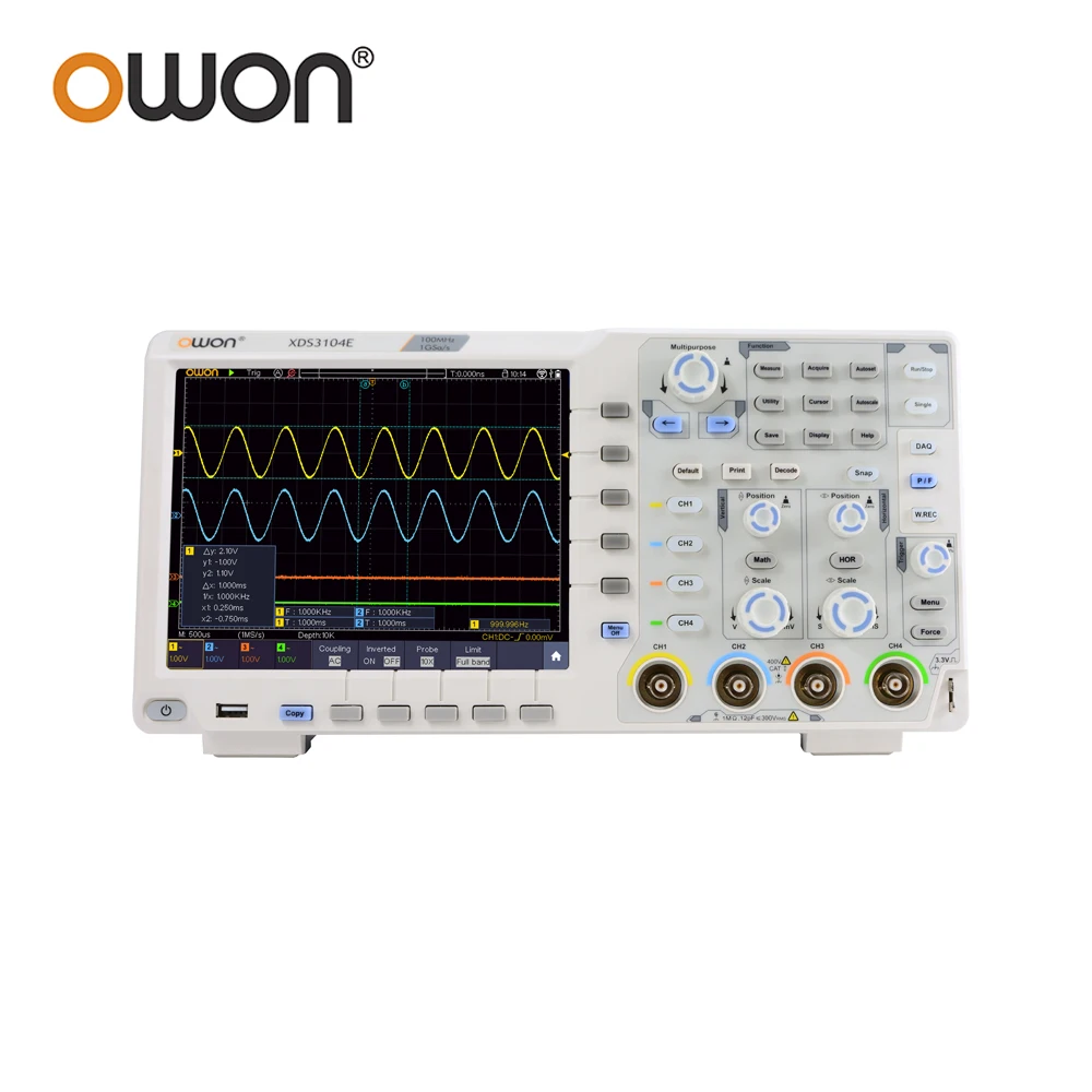 OWON 4CH Digital Oscilloscope 100MHz XDS3104E 60MHz XDS3064E 4 Channels 1GS/s 8inch Touchscreen I2C SPI RS232 CAN BUS Decording