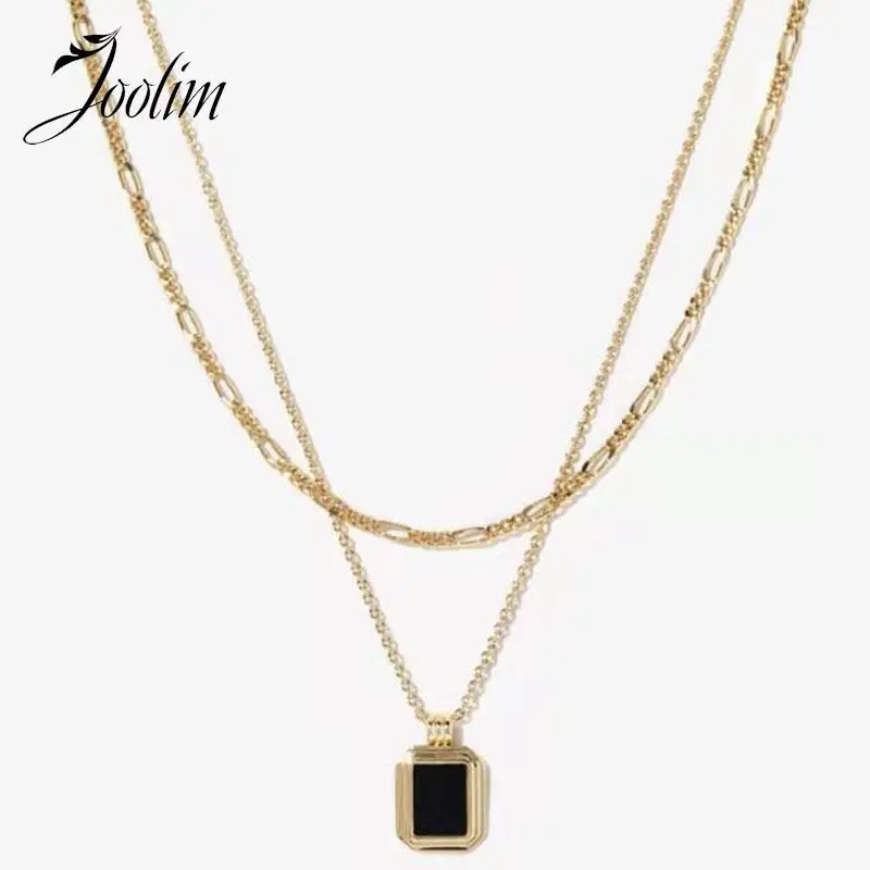 JOOLIM Jewelry Wholesale High End Pvd No Fade Fashion Double-Layer Square Cowry Pendant Stainless Steel Necklace for Women