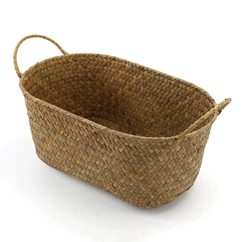 

4X Handmade Woven Storage Basket Straw Food Container Makeup Organizer Rattan Breadfruit Case Holder(S,24X15x9cm)