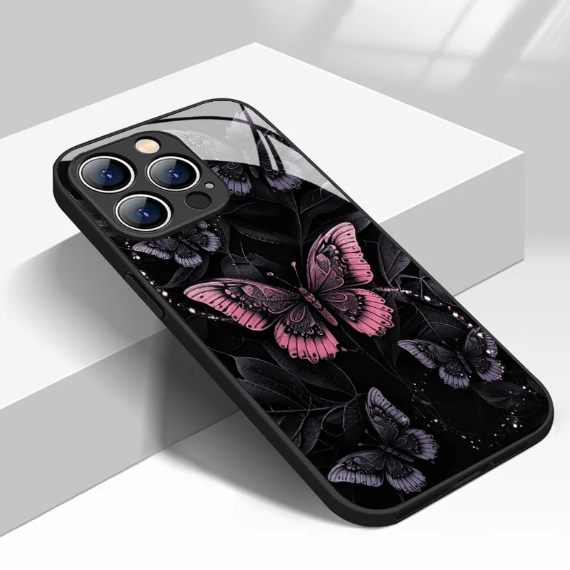 Etui na telefon ze szkła hartowanego Retro Dark Butterfly Pattern do iPhone 11 12 13 14 15 16 17 Pro Max 17Air 16E 7 8 Plus XR XS X Cover