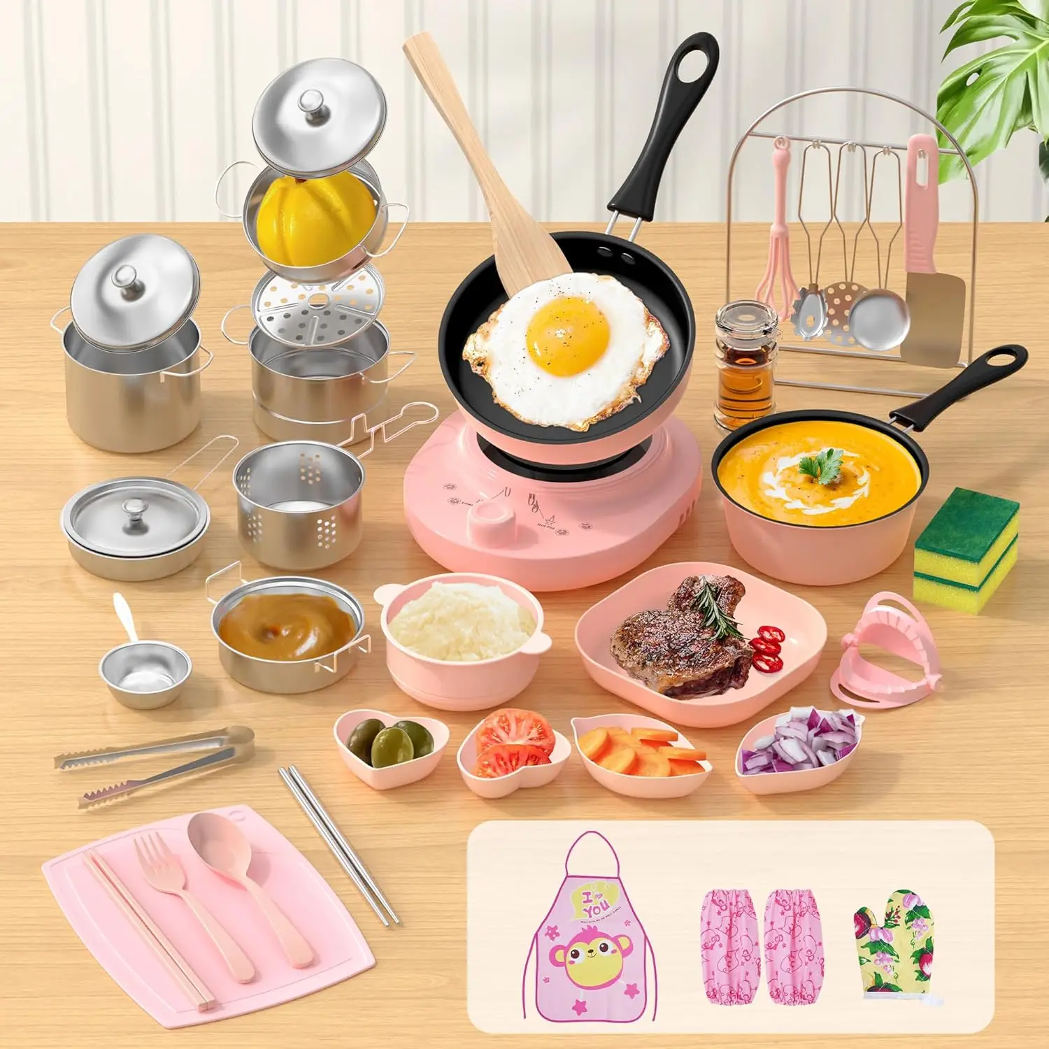 

Real Kids Cooking Set Ages 8-12, Mini Kitchen Tools with Induction Cooktop & Safe Knife, Educational Toy for Boys Girls, Pink