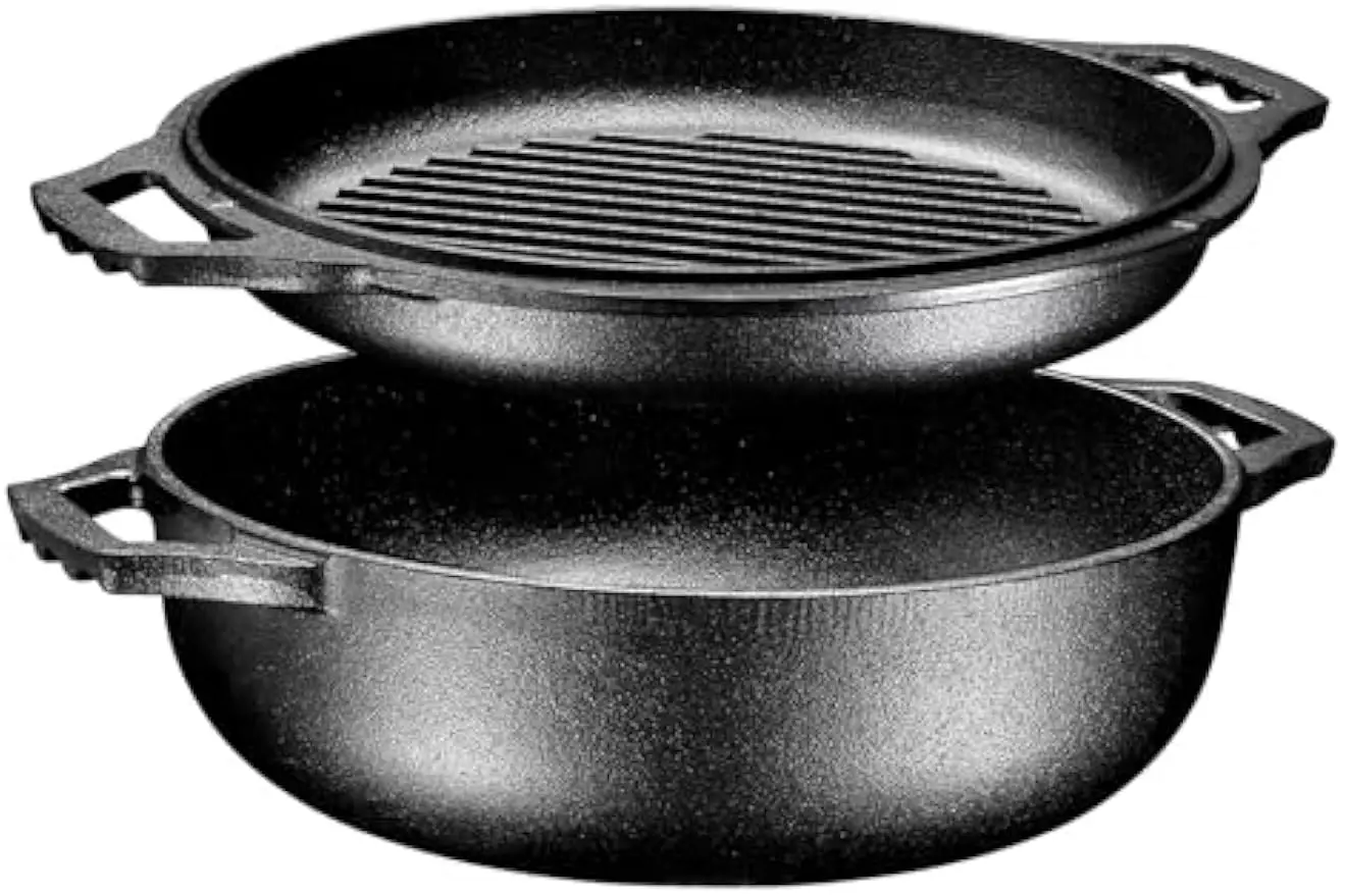 

2-in-1 Pre-Seasoned Cast Iron Dutch Oven with Grill Lid, 3.3 Quart - Versatile Pot for BBQ, Frying, Camping