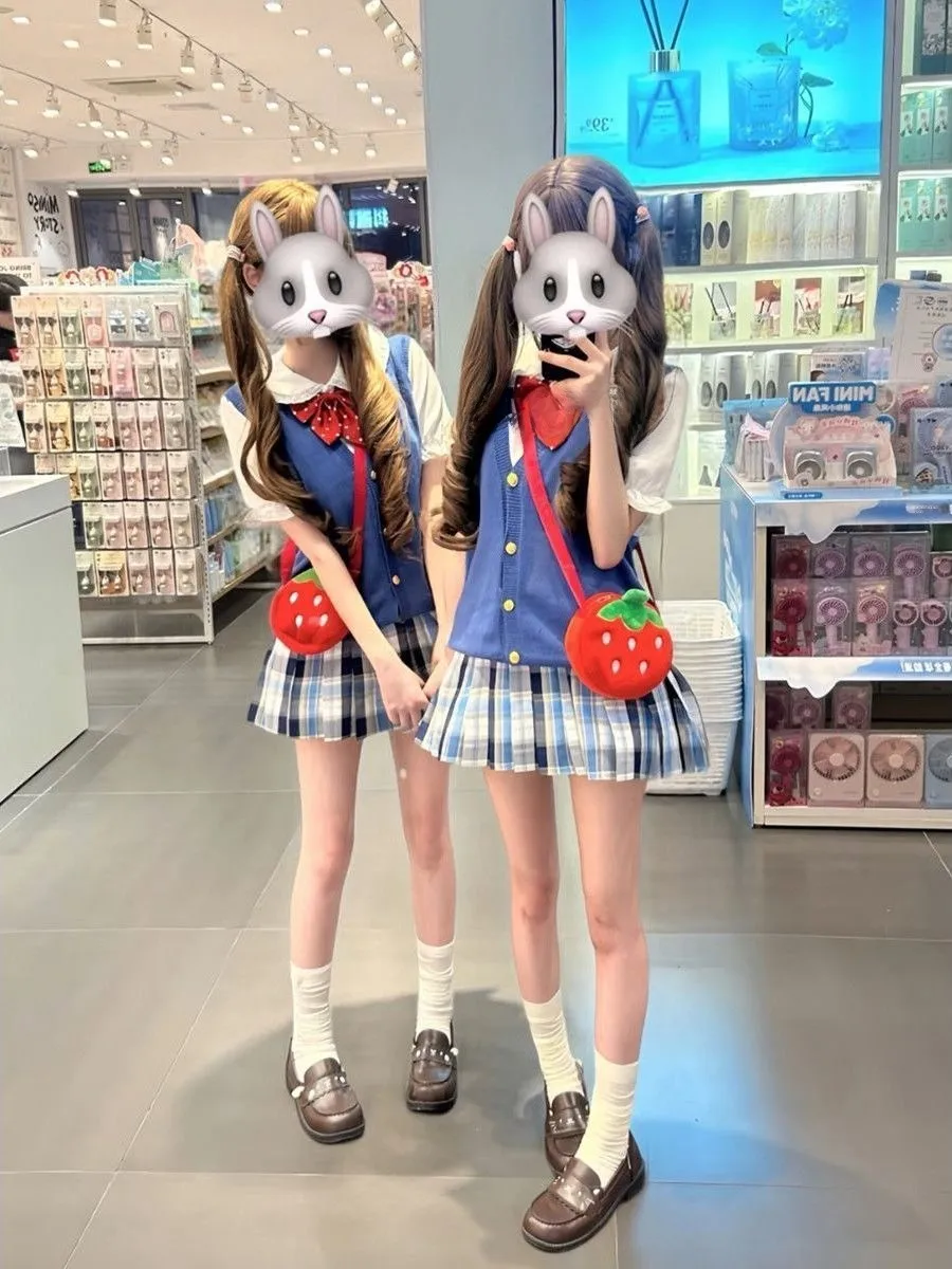 

Summer Original JK Uniform Bubble Water Soft Sister Style Set Baby Blue Open Cardigan Vest Overlap Doll Collar Shirt Ensemble