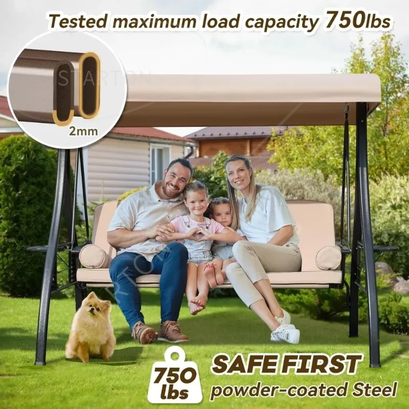 Swing for Adults, Patio Swing Chair with Thickened Cushions，3 in 1 Outdoor Porch Swing with Adjustable Canopy