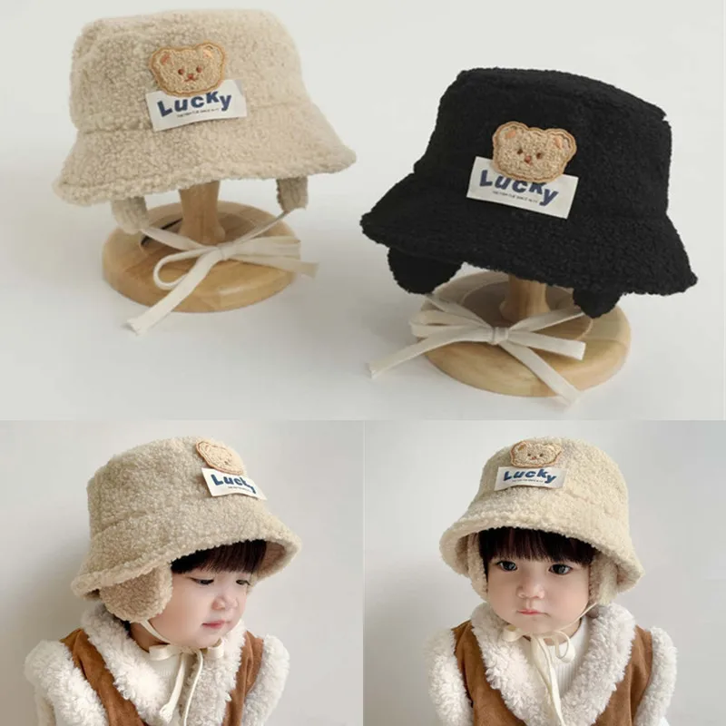 

New Autumn Winter Lamb Wool Warm Baby Hat Cartoon Bear Baby Ear Protection Hat Bonnet for 2-5T Kids Adjustable Bucket Hat Cap