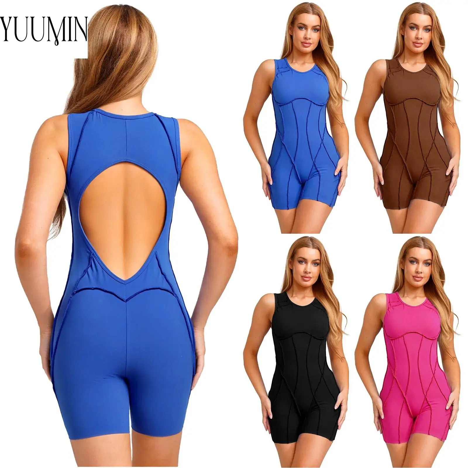 

Womens Yoga Gym Slim Bodysuit Sleeveless Back Hollow-out Boy Shorts Compression Rompers Jumpsuit for Gym Sports Running Swimwear