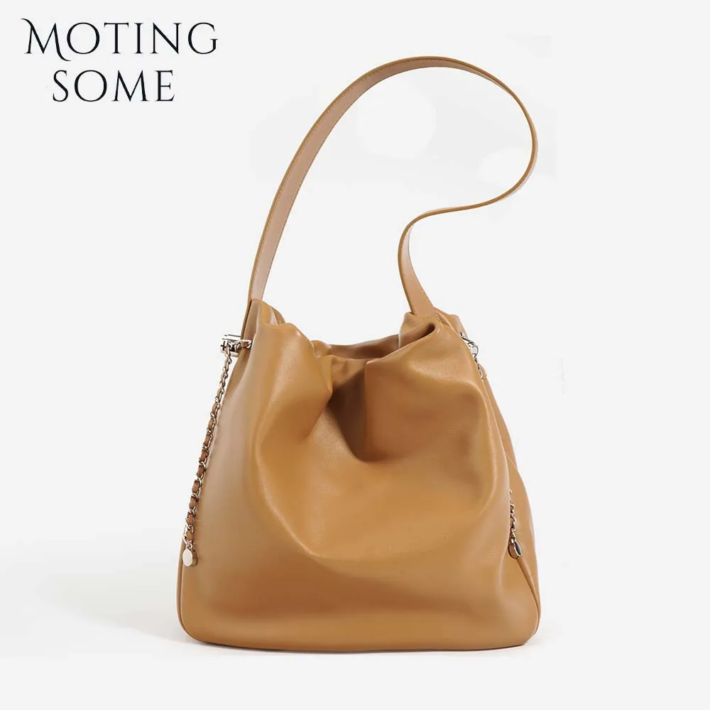 

MS Minimalist Women Cow Leather Handbag Luxury Pleated Bucket Bag Useful Large Capacity Lady Office Commuter Tote Daily 2023 New