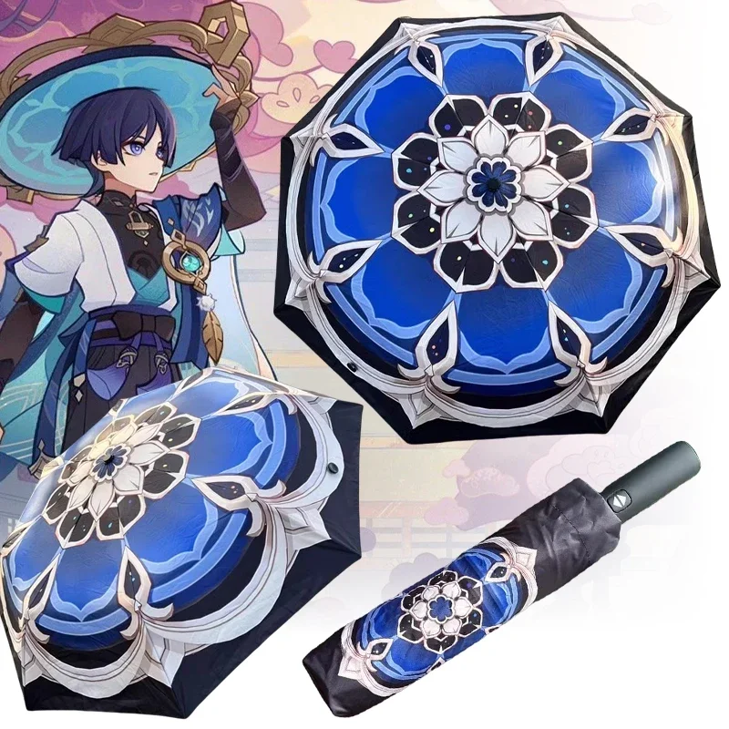 Genshin andarilho anime guarda-chuva à prova de vento uv bloqueio preto guarda-sol genshin impacto balladeer chuva guarda-chuvas automático