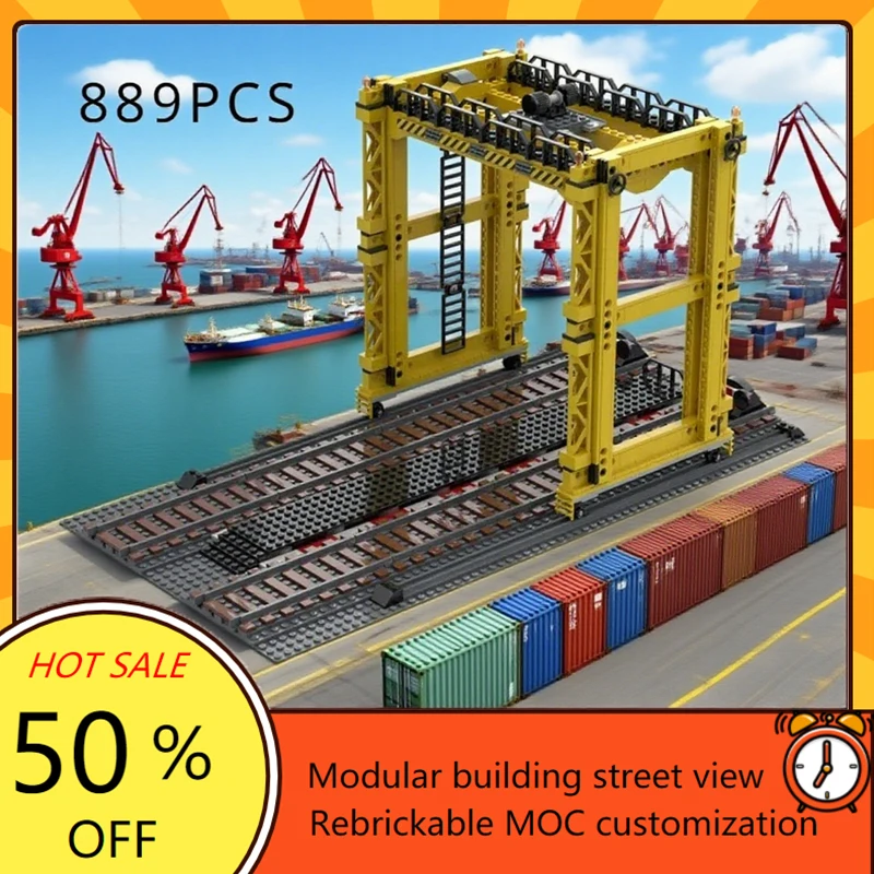 889PCS Railway Overloading Crane Model Custom Puzzles Cargo Train Transfer with Gantry Crane City Train MOC Xmas Kid Toy Gift