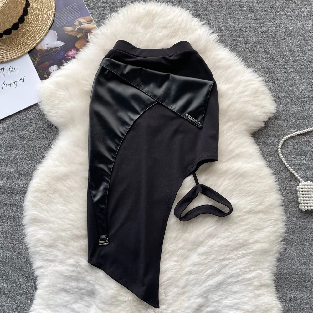 

High Waist A-Line Skirt Asymmetrical Slit PU Leather Skirt Slimming Women's Sensual Long Skirts Commute Korean Sle
