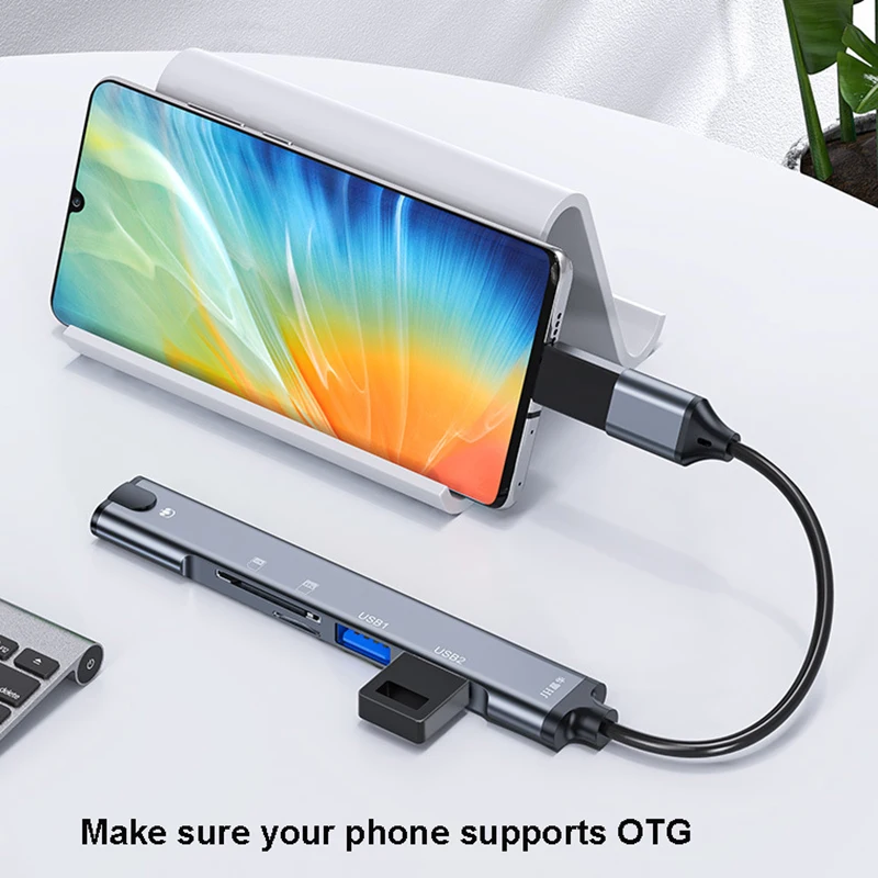 محور 5 في 1 مع 3.5 ملم من النوع C إلى USB HUB شاحن تمديد محول صندوق محول مع قارئ بطاقات TF Micro SD مقسم USB #5