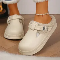 Waterproof Eva Furry Mules Slippers Women 2025 Winter Metal Buckle Warm Plush Slippers Soft Thick Bottom Non Slip Indoor Slides 2