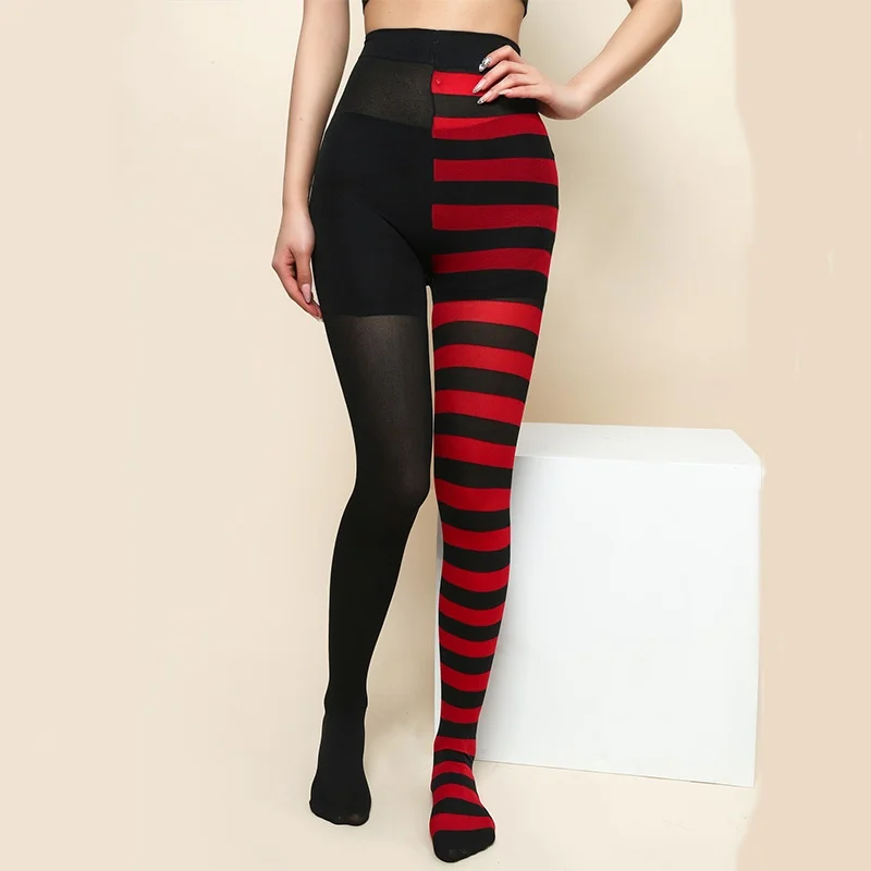 Goth estilo punk feminino listrado collants arco-íris longo dia das bruxas natal cintura alta cosplay meia elástica legging fino