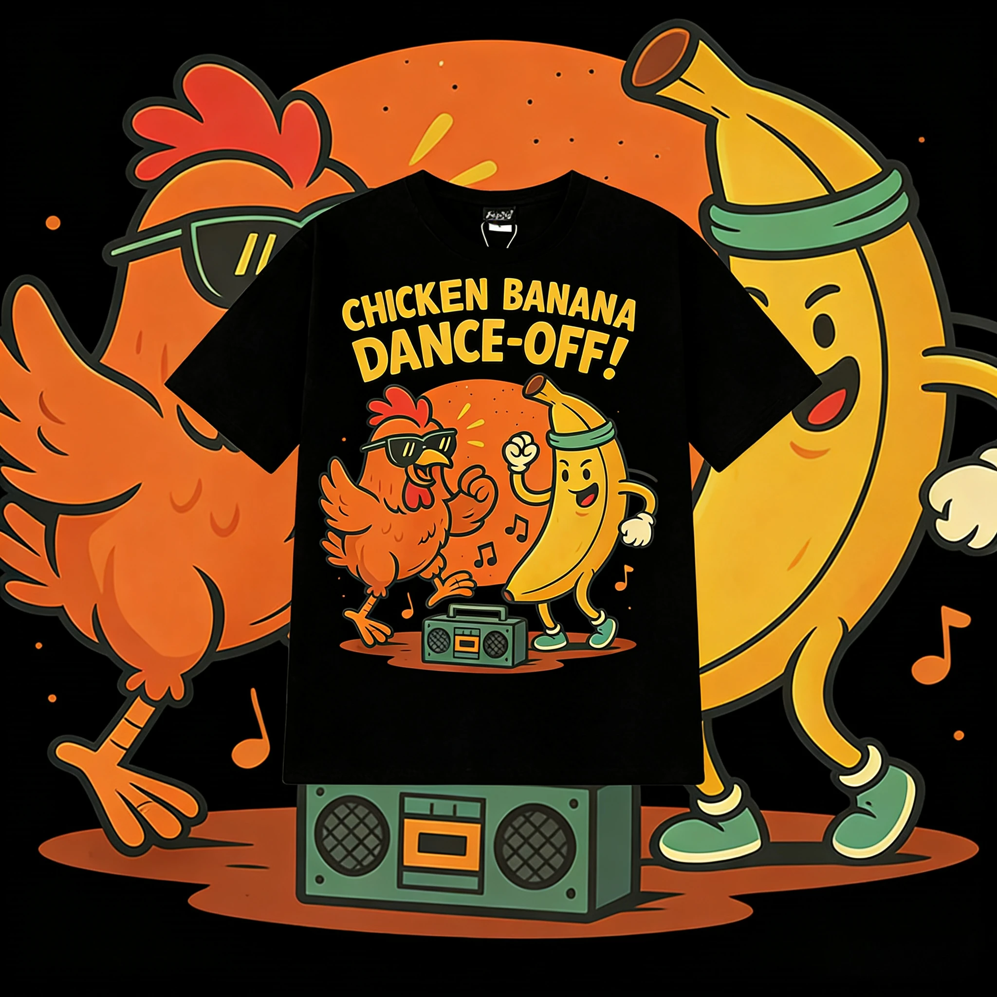 

2025 Summer Funny Chicken and Banana Dance Cute Cartoon Meme T-shirt Men's Hip-hop Retro Cotton Short-sleeved Loose Casual Shirt