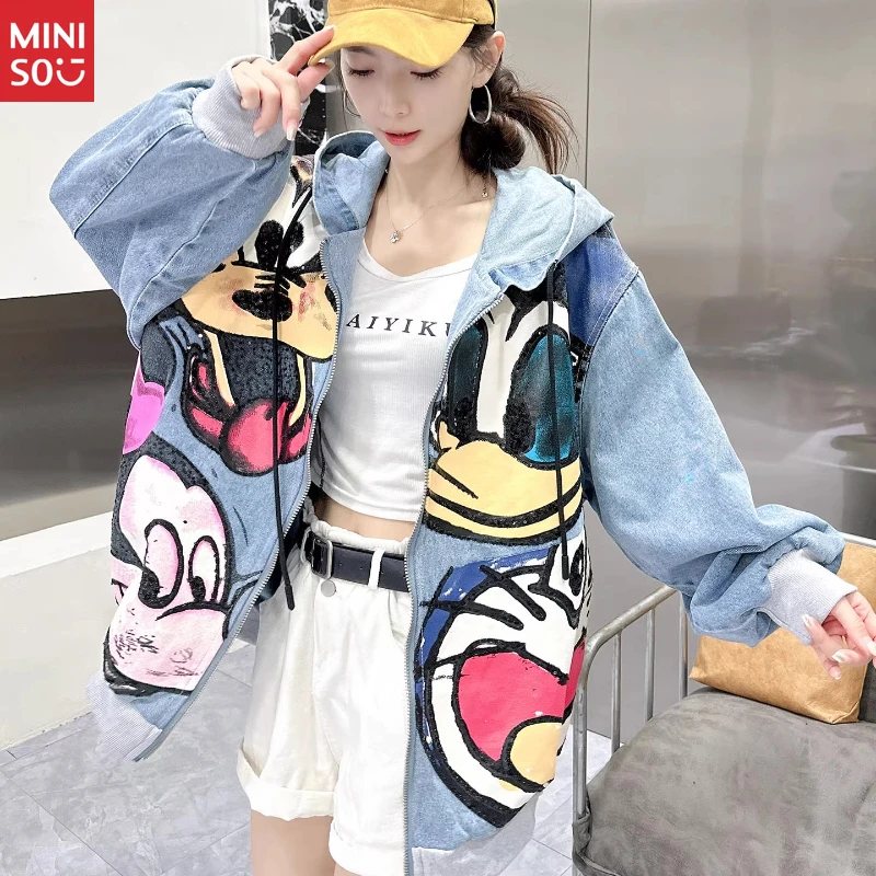   Veste de baseball de dessin animé, broderie de paillettes lourdes, manteau en jean unisexe