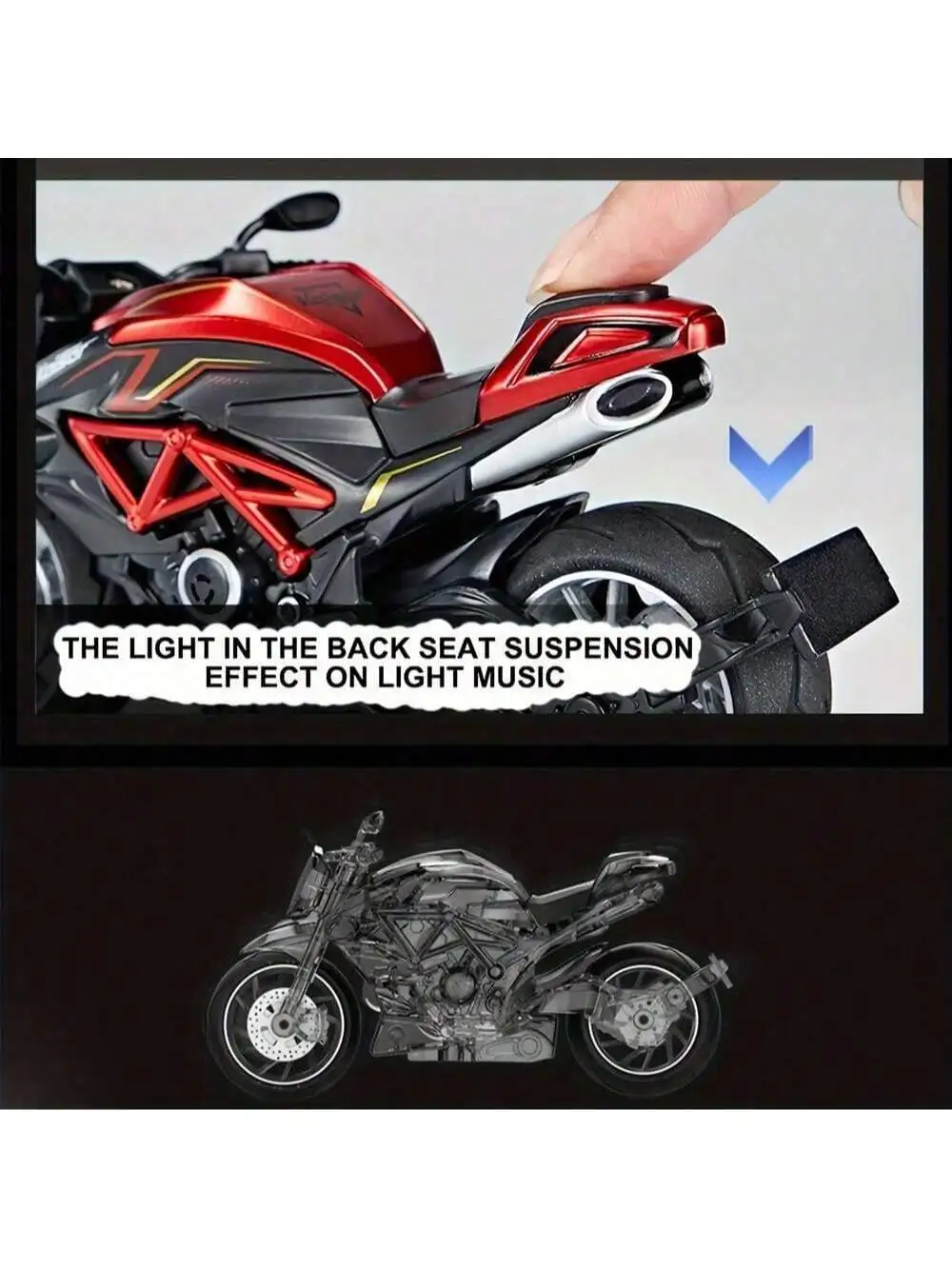 Juguete de motocicleta de aleación fundida a presión a escala 1:12 con sonido de motor real y efectos de luz LED, T de paseo resistente a choques alimentado por fricción