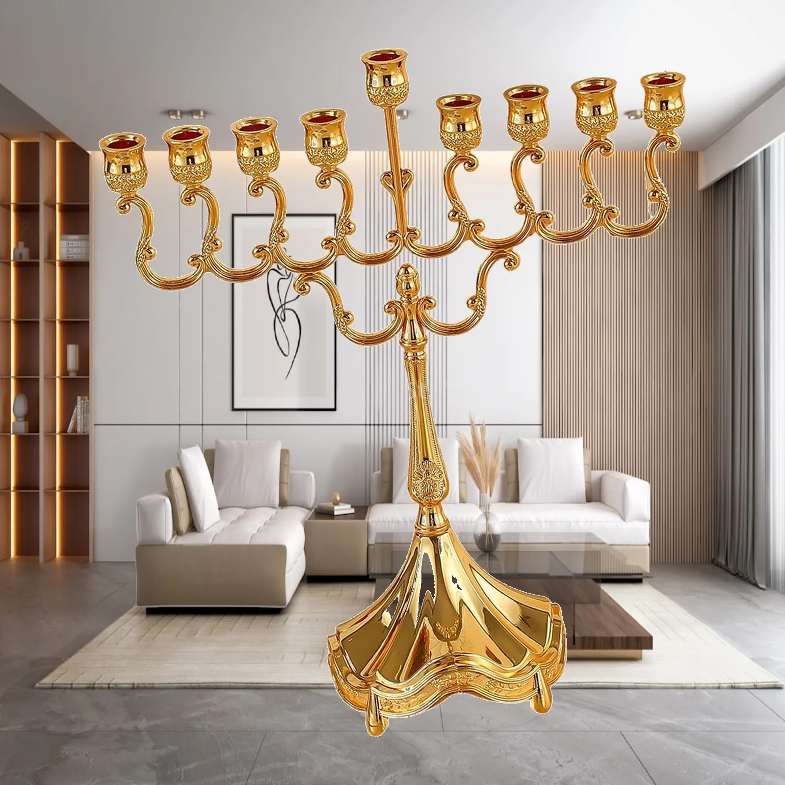 Menorah Candelabrum Zinc Alloy 9 Branches Candle Holder Luxury Tabletop Centerpiece for Wedding Decor