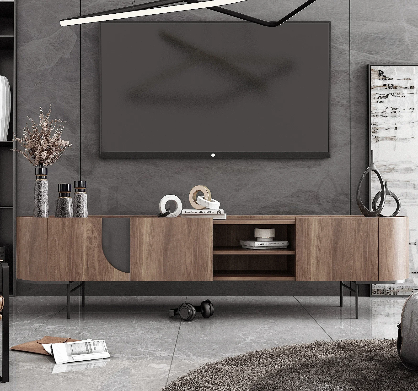 Atunus Basement Leisure Facilities Furniture Walnut Black Wooden TV Table Cabinet Luxury Modern TV Stand For Living Room