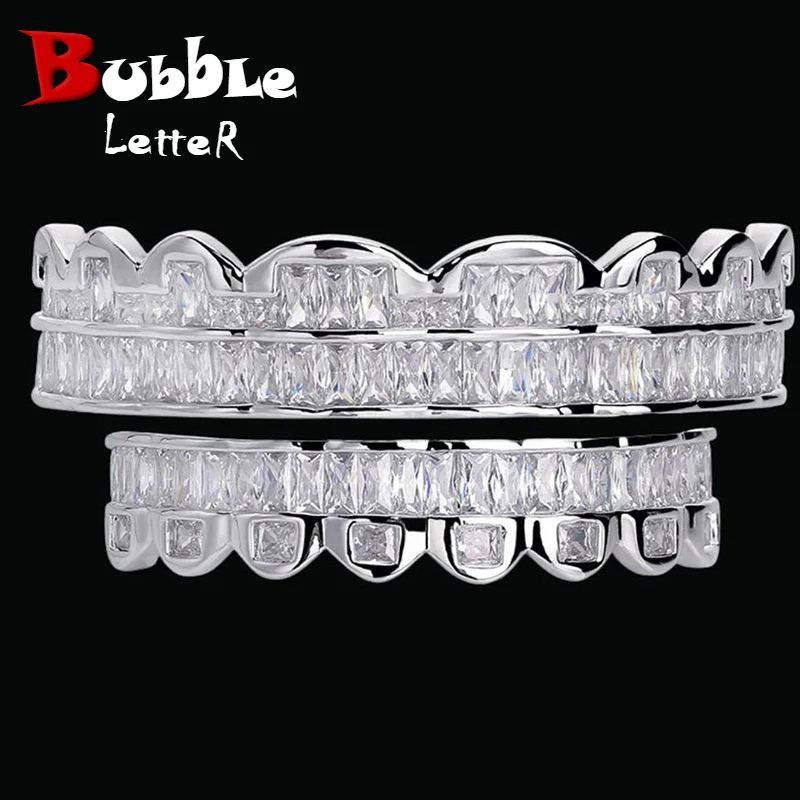 Bubble Letter Baguette Edition Top Model Luxurious Look Teeth Grillz White Gold Plated Hip Hop Jewelry 2023 Drop Shipping Trend