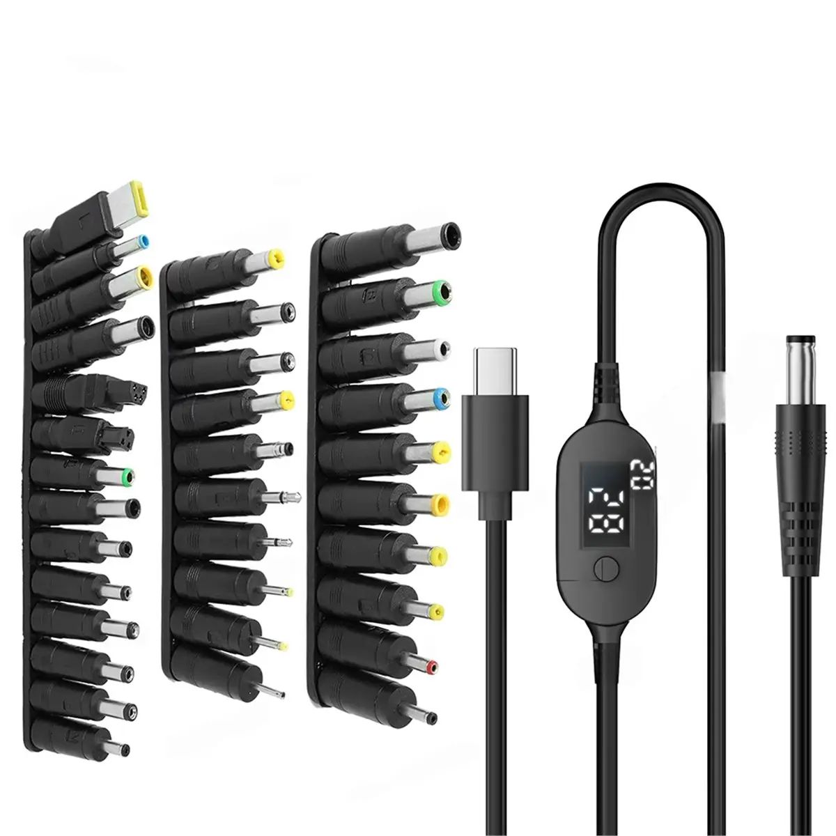 Y17A 34PCS Universal 5.5x2.1mm DC AC Power Adapter Tips Connector Kits 140W PD USB C to 5V-28V Adjustable Voltage Cable