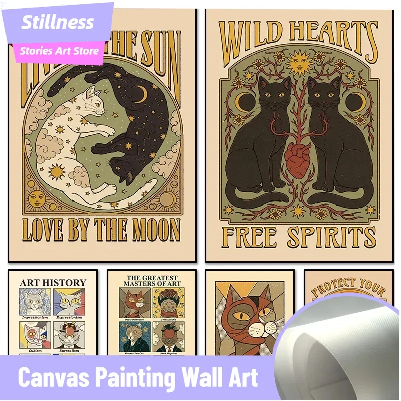 Vintage Cat Poster Tarot Cute Sun Moon Art Poster Canvas Paintings And Print Wall Art For Living Room Home Decor Frameless Gifts
