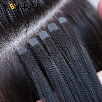 Ywuext-人間の髪の毛のエクステンションのためのミニテープ、ストレート、ナチュラルブラック、機械製、レミーヘア、目に見えない、1b、10個のパック