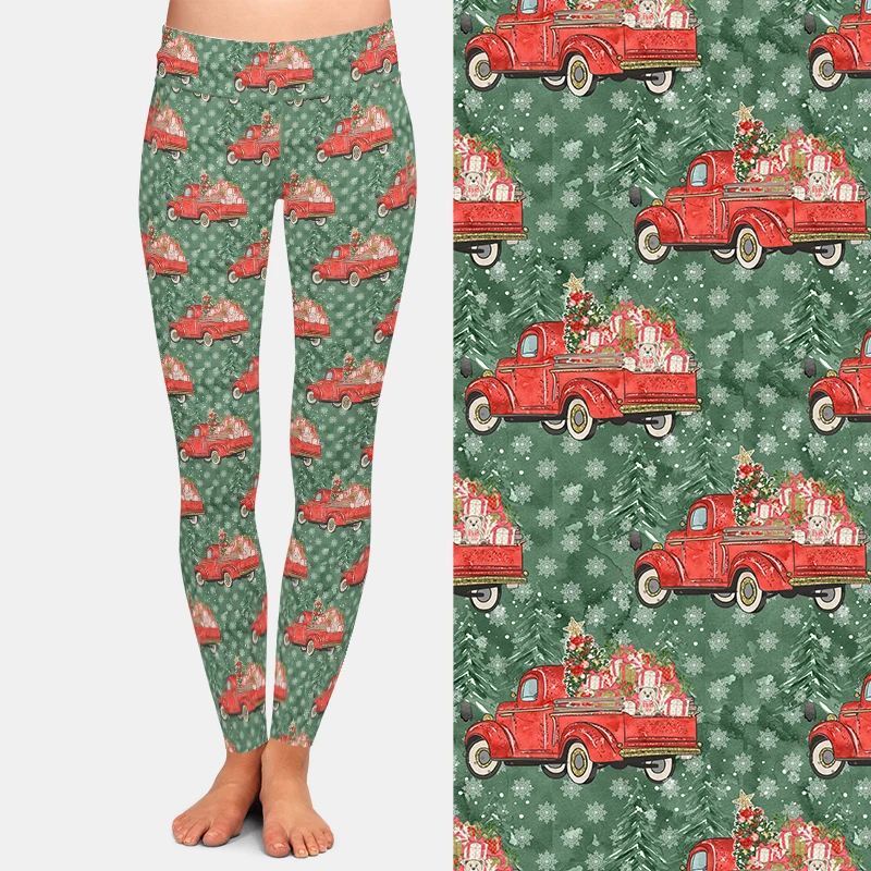 LETSFIND Winter High Waist New Christmas 3D Red Truck on Green Pattern Digital Print Fitness Pants Womens Soft Elastic Leggings