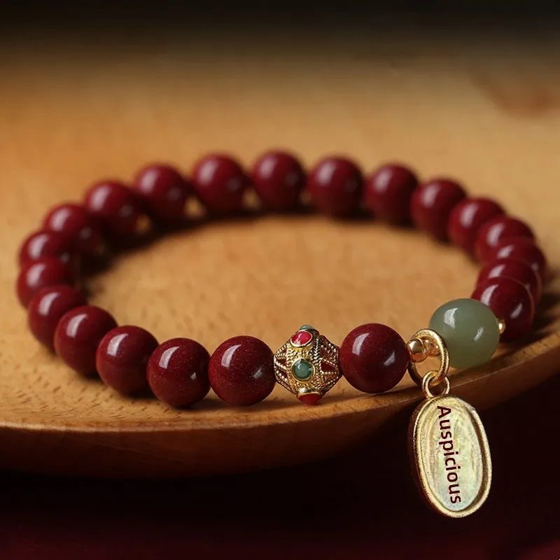Chinese Style Natural Cinnabar Beaded Bracelet 6mm 8mm 10mm Hetian Jade Pearl Accent Lucky Blessing Good Fortune Tiger Year Jewe