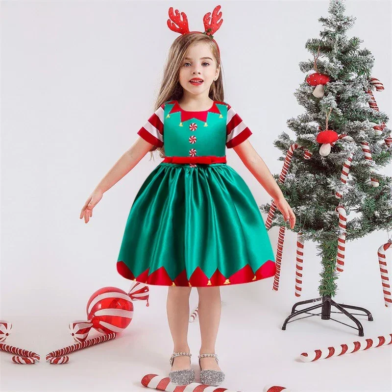 2024 Christmas Girls Party Dress Cute Santa Claus Snowman Girls Princess Cosplay Dress For 4-10 Years Carnival Costume Clothing