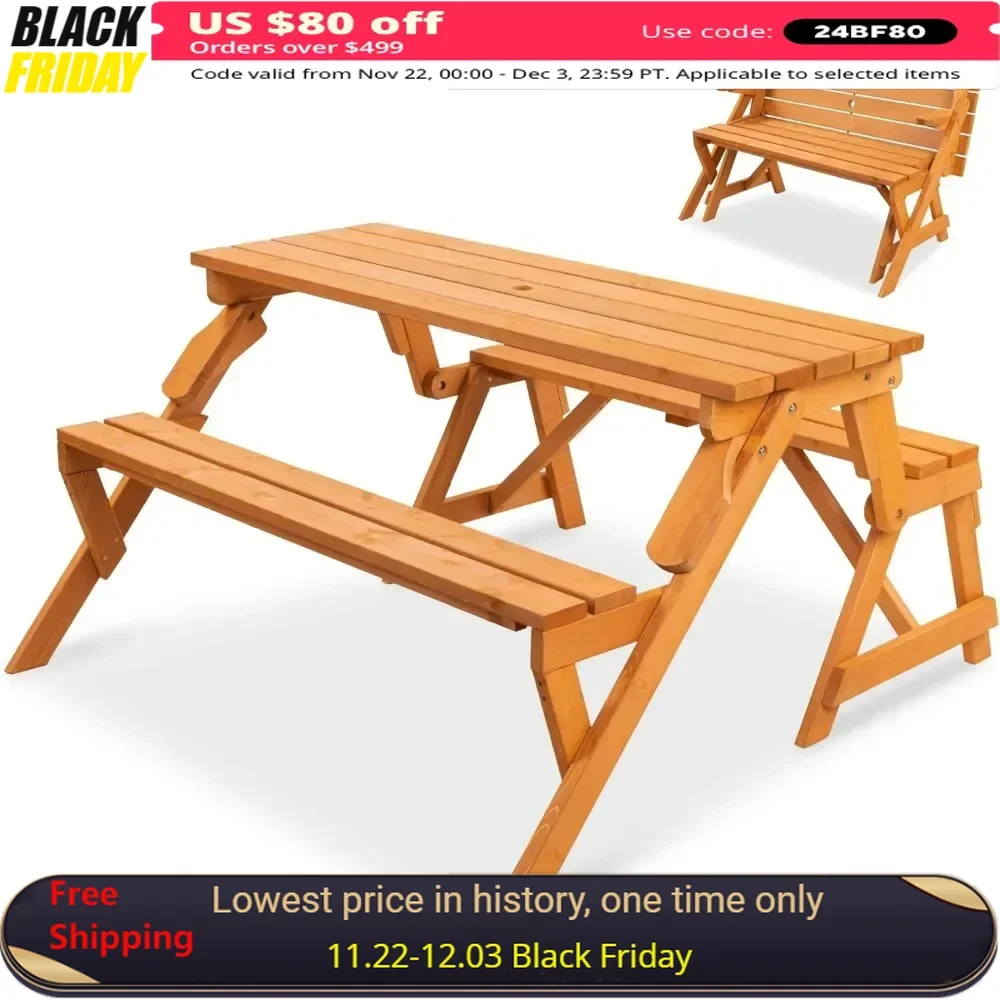 Interchangeable Outdoor Wooden Picnic Table Garden Bench for Backyard, Ambrella Hole - Natural Outdoor Tables