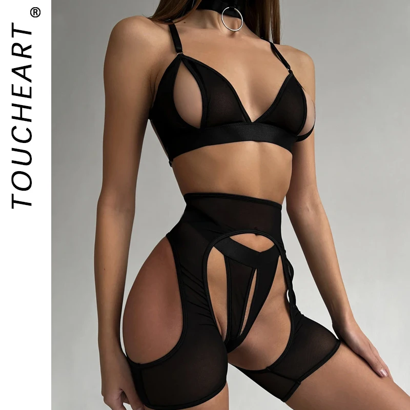 

Toucheart Sexy Lingerie Suit for Women Solid Color Patchwork Mesh See-through Women's Hollow Out Garters Underwear 4-piece Set