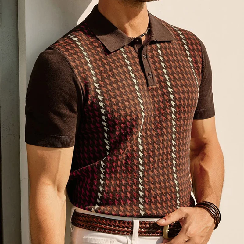 

Classic Mens Knitted Polo Shirts Vintage Houndstooth Crochet Knit Polo Collar Tops Mens Summer Short Sleeve Knitting Pullovers